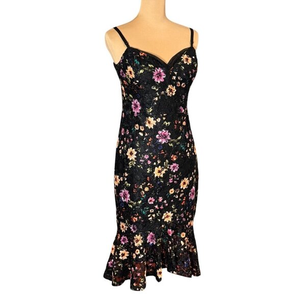Guess Floral Lace Dress Sz.12 Black Spaghetti Straps Ruffle Fairy Event Party - Picture 2 of 15